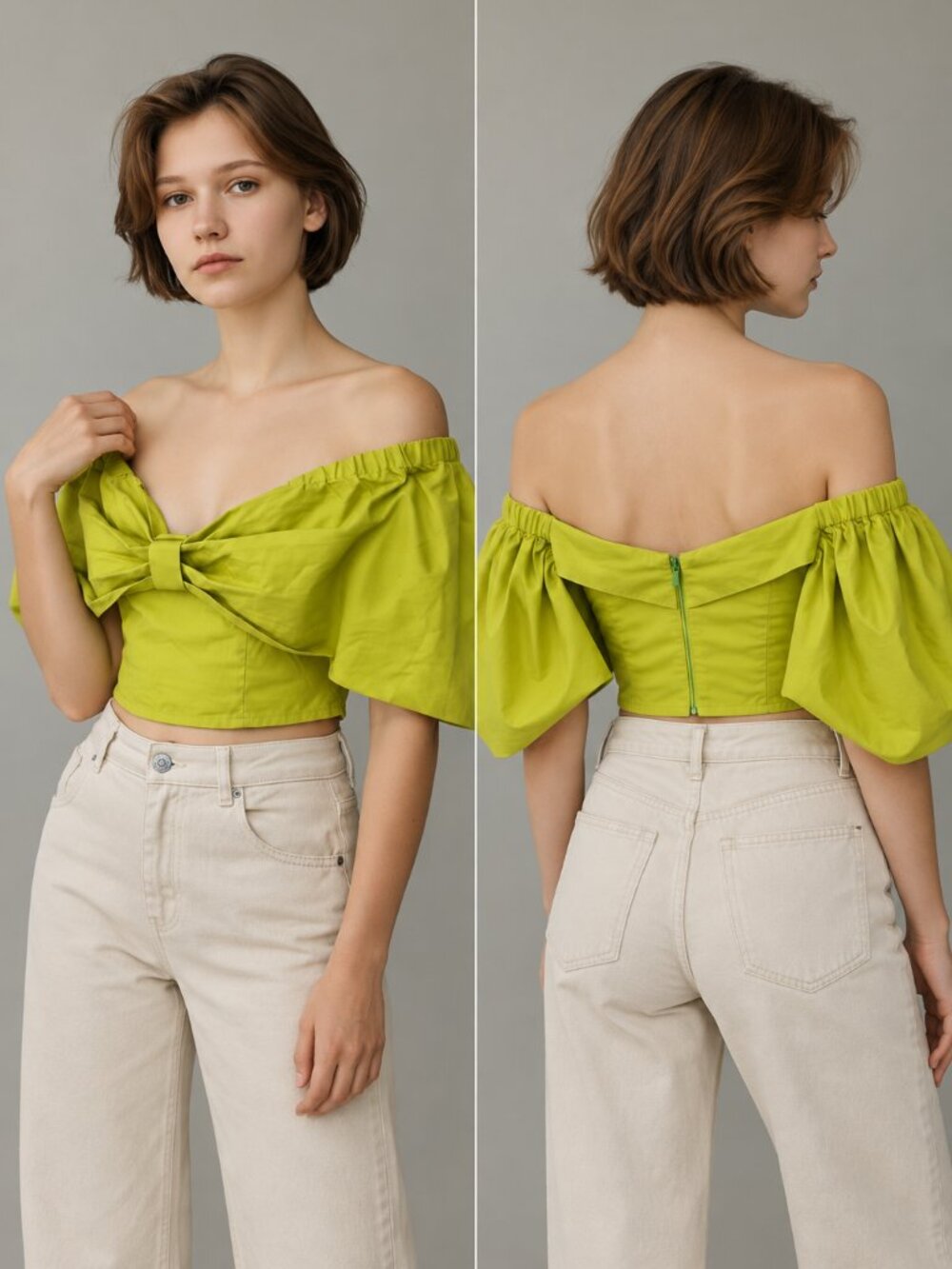 Yorke & Cole Chartreuse Green Off Shoulder Puff Sleeve Crop Top Size 1 XS